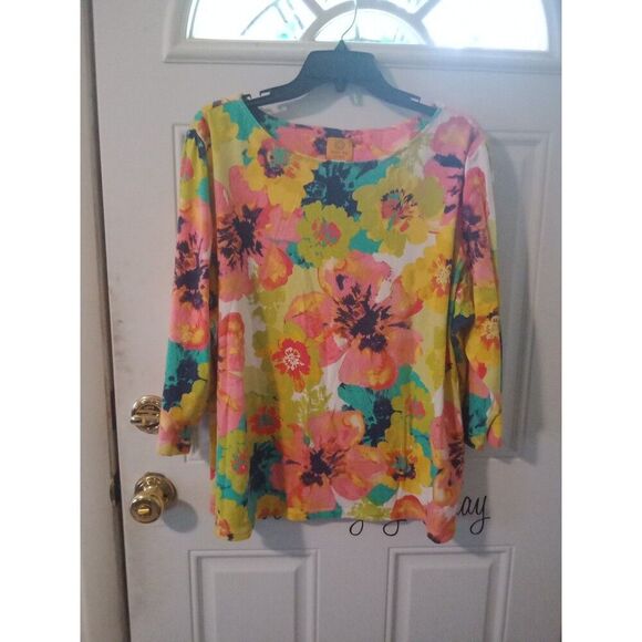 Floral Top Ruby Rd 2X 3/4 Sleeves Pink Yellow Green - Picture 2 of 6